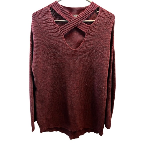 a.n.a Sweaters - a.n.a A New Approach Womens Medium Burgundy Criss Cross Cutout Cotton Sweater